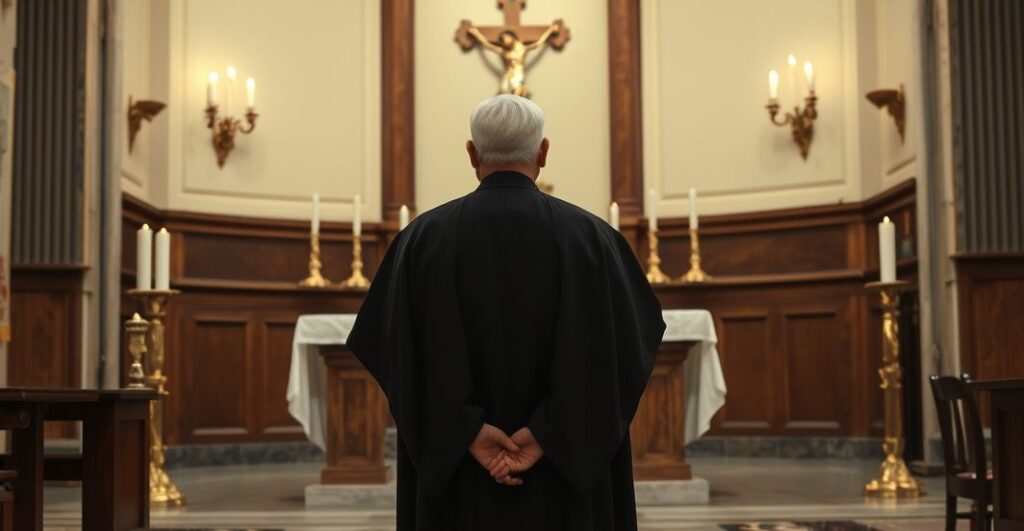 Realistyczne zdjęcie tradycyjnego katolickiego kapłana w czarnej sutannie, stojącego przy ołtarzu z krucyfiksem i świecami, wyrażającego szacunek i wierność doktrynie katolickiej.