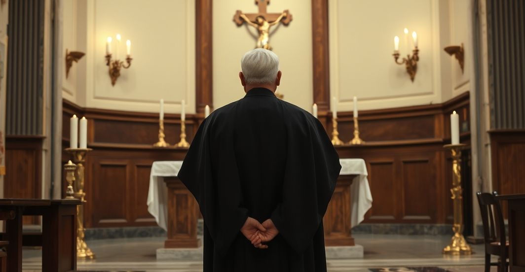 Tradycyjny katolicki kapłan przy ołtarzu - obraz wierności i tradycji Realistyczne zdjęcie tradycyjnego katolickiego kapłana w czarnej sutannie, stojącego przy ołtarzu z krucyfiksem i świecami, wyrażającego szacunek i wierność doktrynie katolickiej.