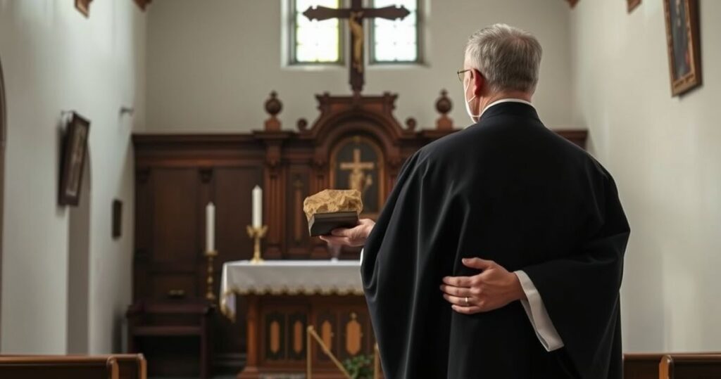 Kapłan katolicki w tradycyjnym stroju trzyma relikwie św. Melchiora podczas nabożeństwa w starej, tradycyjnej świątyni, ukazując pobożność i wierność wierze.