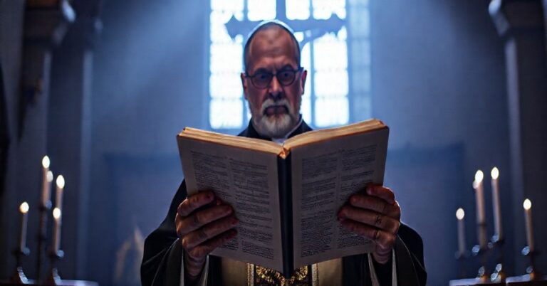 Tradycyjny kapłan trzymający Biblię w ciemnym kościele, symbolizujący prawdziwy sąd Boży.