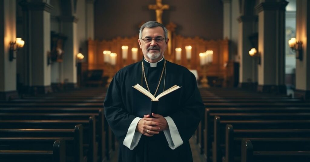 Tradycyjny kapłan sedevacantystyczny w staroświatowej rzymskiej parafii na tle pustych ławek i tradycyjnego ołtarza