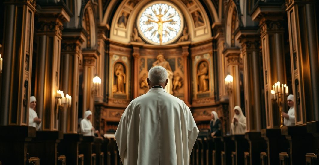 Kapłan w tradycyjnej świątyni - katolicki obraz z refleksją o współczesnych wyzwaniach Kapłan katolicki w tradycyjnych szatach stojący w świątyni, skupiony nad ołtarzem, symbolizujący wierność wierze i obawy związane z nowoczesnym odchyleniem od tradycyjnej nauki Kościoła