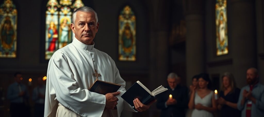 Portret tradycyjnego katolickiego kapłana w ciemnej kościele z witrażami. W tle wierni modlący się przy świecach ołtarzowych. Scena nawetuje do głębokiej duchowej kryzysu współczesnego Kościoła.