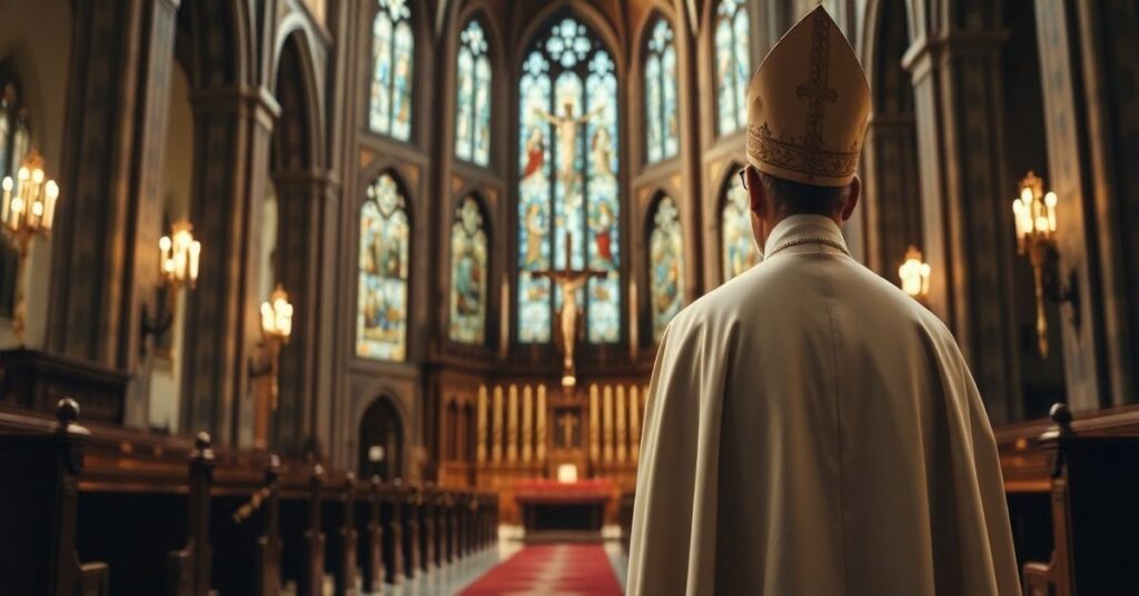 Kapłan w tradycyjnym stroju w katedrze, rozważa nad prawdziwym królowaniem Chrystusa, obrona katolickiej wiary przeciwko modernistycznym ideologiom