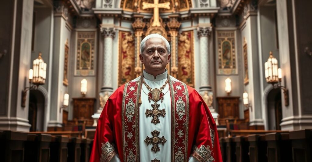 Kapłan katolicki w liturgicznych szatach w kościele, refleksja nad moralnością i boskim sądem, scena pełna szacunku i powagi