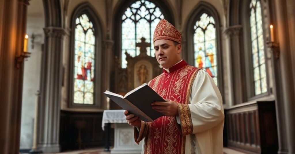 Kapłan katolicki w tradycyjnym kościele, czytający liturgię, symbol wiary i tradycji z sedevacantistycznego punktu widzenia