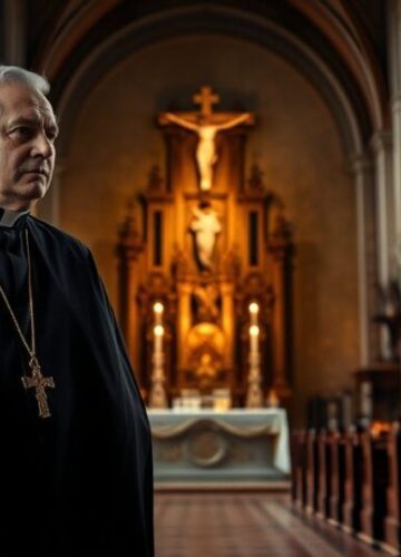 Rewerentny obraz katolickiego kapłana w tradycyjnej szacie w kościele Rewerentny obraz katolickiego kapłana w tradycyjnych szatach, trzymającego krucyfiks w kościelnym wnętrzu ze światłem słonecznym przez witraże, symbolizujący wierność wierze i duchową głębię.