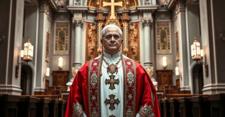 Kapłan w tradycyjnych szatach przed ołtarzem w kościele, symbolizujący powrót do katolickiej hierarchii i autorytetu wobec modernistycznych tendencji