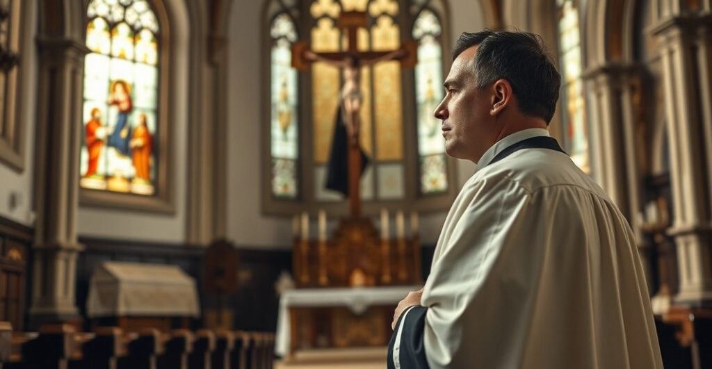 Religijny obraz kapłana w tradycyjnym kościele, symbolizujący obronę katolickiej nauki przeciw nowoczesnym błędom