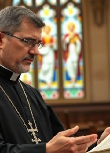 Tradycyjny katolicki kapłan w kościele przeciw modernizmowi Koncepcja tradycyjnego katolickiego kapłana w kościele, wyrażającego powagę i wierność naukom Kościoła, symbolizującego sprzeciw wobec modernistycznej herezji