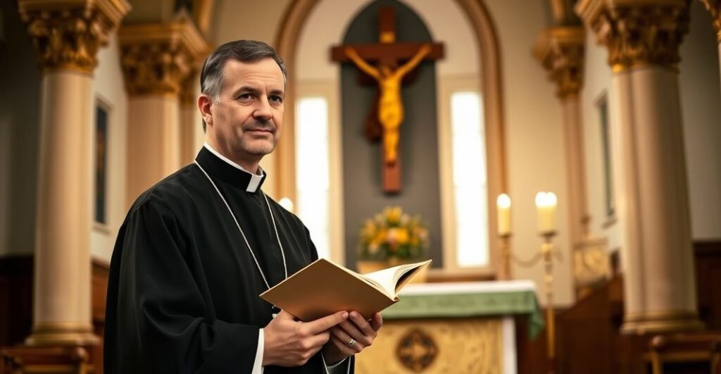 Rekonstrukcja tradycyjnego katolickiego kapłana w kościele, symbolizująca autentyczną wiarę i sprzeciw wobec kolaboracji z reżimem