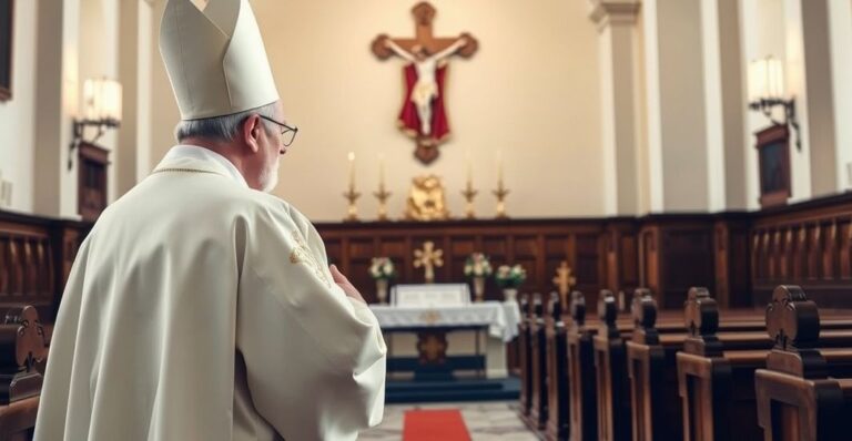 Reprodukcja tradycyjnego katolickiego kapłana w kościele, ukazująca głębię wiary i sprzeciw wobec współczesnych błędów modernistycznych