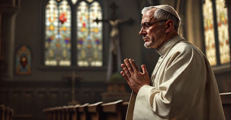 Portret tradycyjnego katolickiego kapłana w pełnym stroju liturgicznym, modlącego się przed krzyżem.