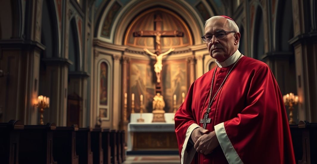 Kapłan katolicki w tradycyjnych szatach na tle ołtarza, wyraz powagi i kontemplacji, symbolizujący autentyczną wiarę i sprzeciw wobec modernistycznych tendencji