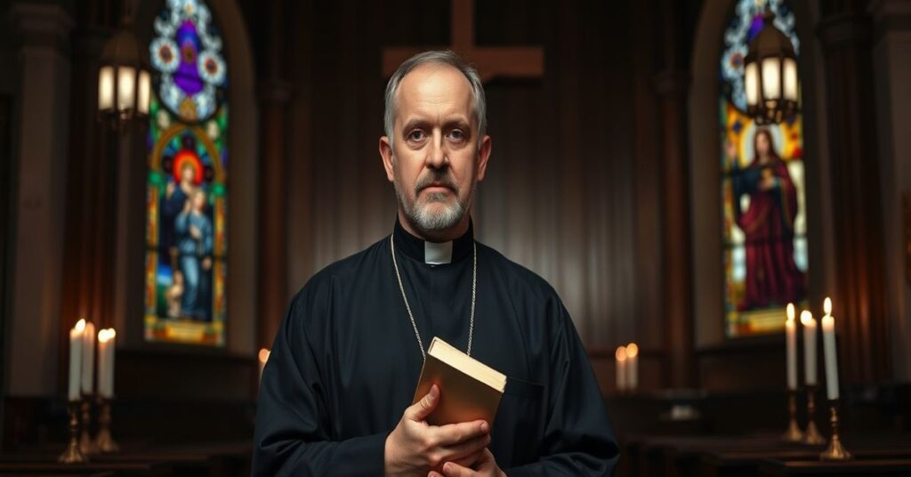 Portret tradycyjnego katolickiego kapłana w ciemnej sutannie stojącego w przestronnym sanktuarium z witrażami przedstawiającymi świętych. Tło zdobi drewniany krzyż i płonące lampki żarowe podkreślające sakralną atmosferę.