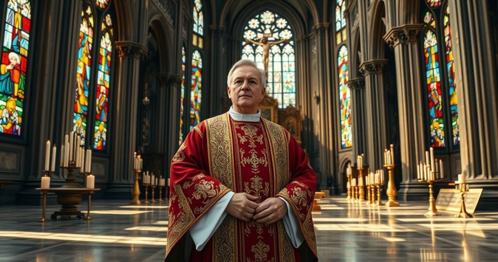 Fotografia realistycznego kapłana w tradycyjnej świątyni, symbolizującego autentyczną katolicką pobożność i krytykę modernistycznych tendencji w Kościele