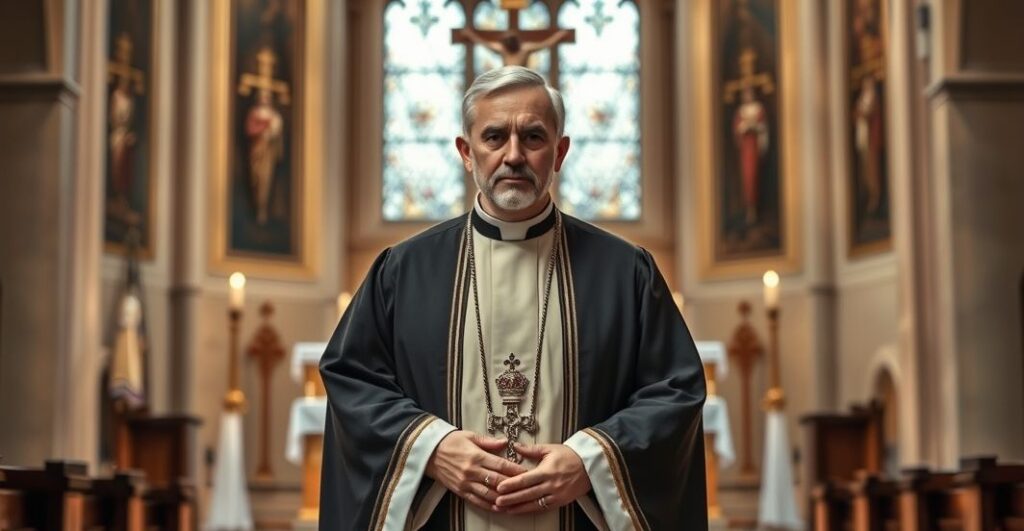 Ksiądz katolicki w liturgicznych szatach w tradycyjnej świątyni, symbolizujący wierne przekazywanie nauk Kościoła i obronę Tradycji.