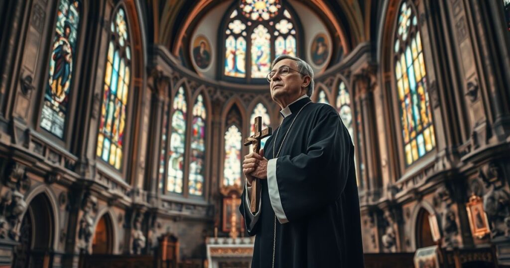 Zdjęcie kapłana w tradycyjnym stroju katolickim w starej świątyni, wyraz powagi i duchowego zaangażowania, odzwierciedlające katolicką wierność i tradycję