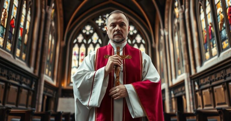 Zdjęcie kapłana w tradycyjnym stroju katolickim w starej świątyni, wyraz powagi i duchowego zaangażowania, odzwierciedlające katolicką wierność i tradycję