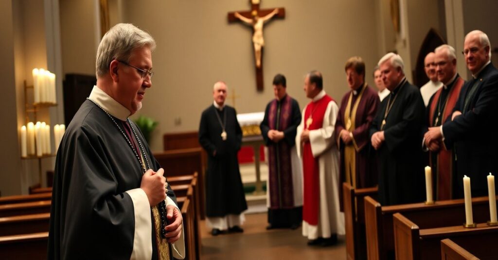 Prawny kapłan katolicki w tradycyjnej sutannie modli się z różańcem w kościele, podczas gdy nowoczesni klerycy prowadzą ekumeniczny dialog z nierzymiarowcami.