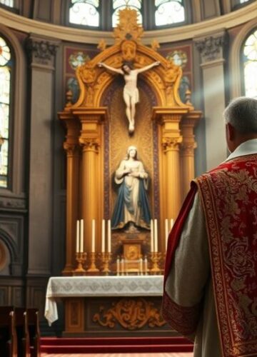 Tradycyjny katolicki kapłan w modlitwie w starej świątyni Realistyczny obraz tradycyjnego katolickiego kapłana w modlitewnej postawie przed ołtarzem z krucyfiksem i świecami w historycznej świątyni, symbolizujący głęboką wiarę i szacunek.