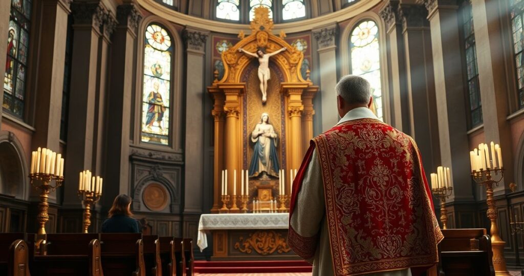 Realistyczny obraz tradycyjnego katolickiego kapłana w modlitewnej postawie przed ołtarzem z krucyfiksem i świecami w historycznej świątyni, symbolizujący głęboką wiarę i szacunek.