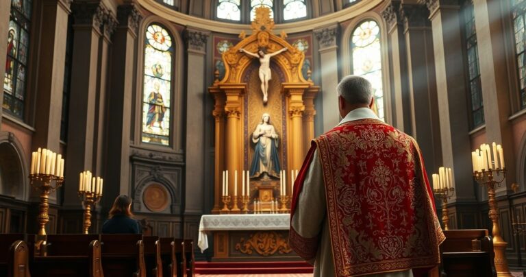 Realistyczny obraz tradycyjnego katolickiego kapłana w modlitewnej postawie przed ołtarzem z krucyfiksem i świecami w historycznej świątyni, symbolizujący głęboką wiarę i szacunek.