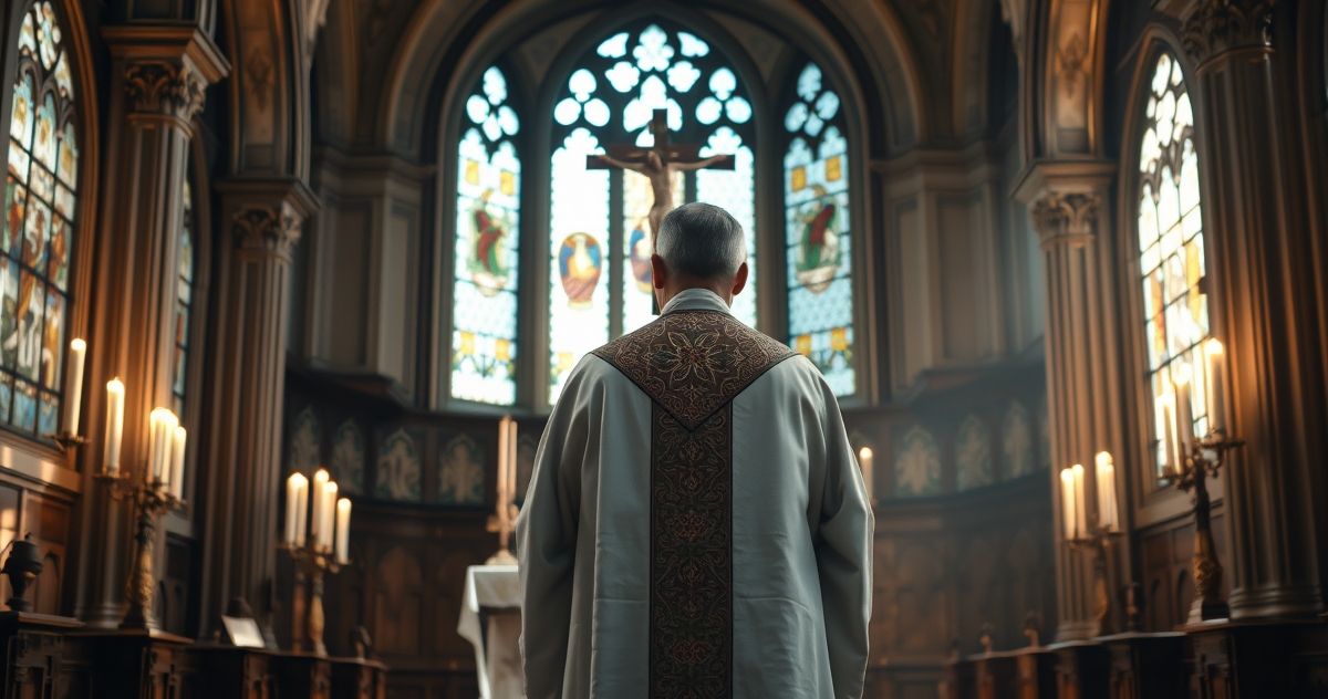 Fotografia realistyczna kapłana katolickiego w tradycyjnych szatach przy ołtarzu z krucyfiksem i świecami w kościele, ukazująca duchową powagę i wierność tradycji katolickiej