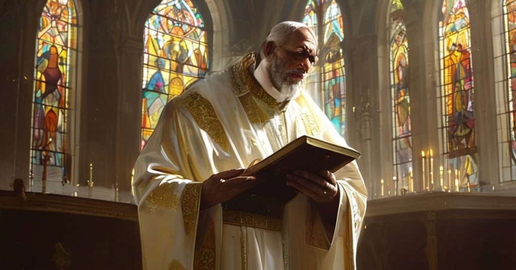 Wizerunek tradycyjnego kapłana katolickiego w liturgicznych szatach w historycznej kościelnej świątyni z witrażami przedstawiającymi sceny biblijne.