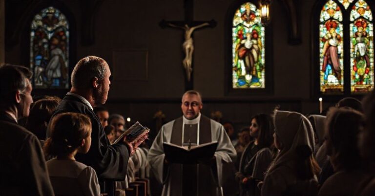 Tradycyjny katecheta w kościele tradycyjnym z grupą słuchaczy
