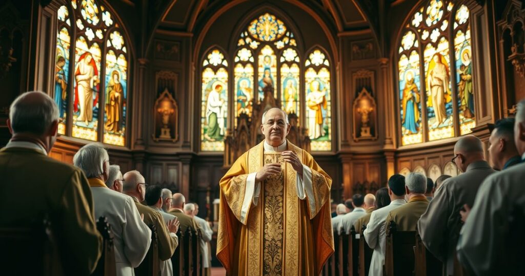 Katolicka scena modlitewna z kapłanem i wiernymi w tradycyjnym kościele, wyrazem pobożności i sprzeciwu wobec modernistycznych błędów