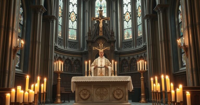 Realistyczne, pełne szacunku zdjęcie katolickiego ołtarza z krzyżem, świecami i kapłanem odprawiającym Eucharystię w tradycyjnym kościele, oddające duchową powagę i wierność naukom Kościoła.