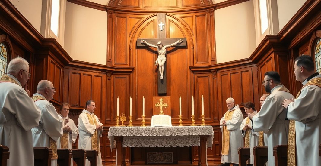 Tradycyjny katolicki obraz z ołtarzem, krzyżem i kapłanami w liturgicznych szatach, oddający powagę i wierność nauczaniu przed Soborem Watykańskim II
