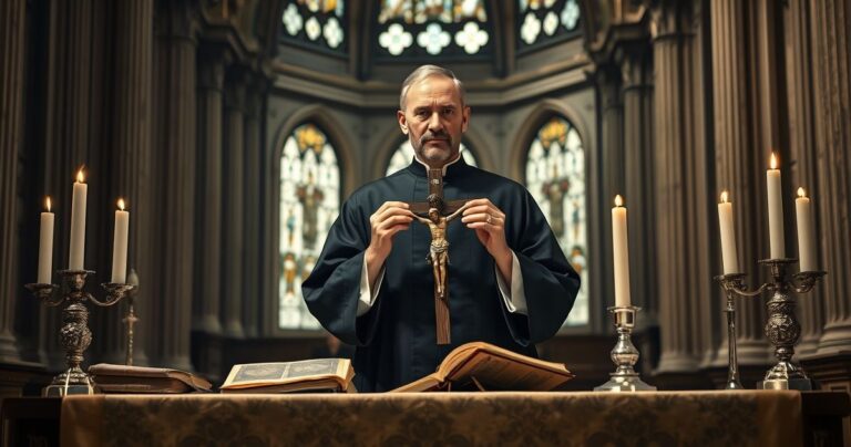 Zdjęcie realistycznej sceny katolickiej z kapłanem przy ołtarzu, symbolizujące wierność tradycyjnym naukom Kościoła i krytykę modernistycznych wpływów w hierarchii kościelnej.
