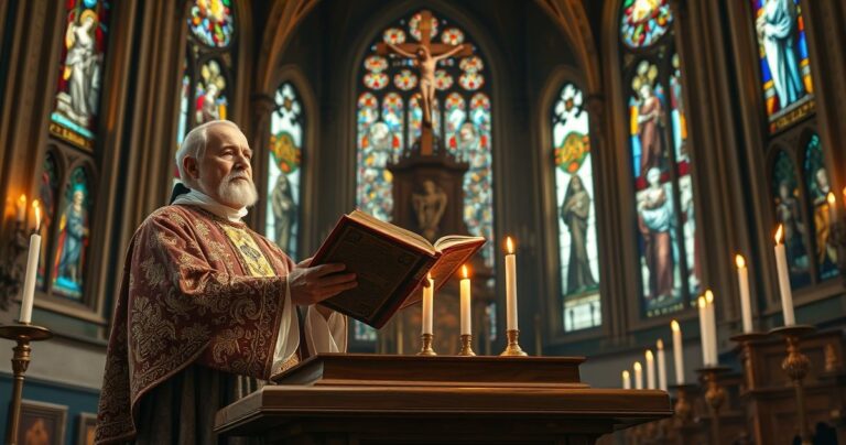 Tradycyjny katolicki duchowy obraz w kościele z kapłanem odprawiającym mszę, symbolizujący autentyczną wiarę i sprzeciw wobec modernistycznych zmian w hierarchii kościelnej