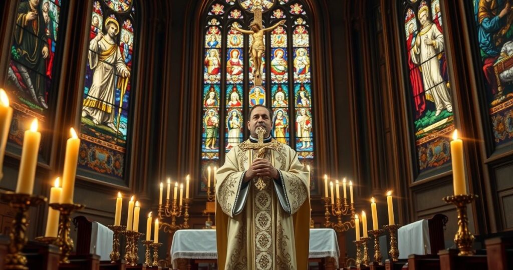 Realistyczne zdjęcie katolickiego ołtarza z kapłanem, świecami i witrażami, symbolizujące głęboką religijność i tradycję katolicką w kontekście kontrowersji religijnych.