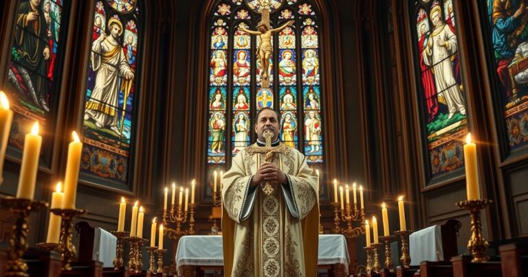 Realistyczne zdjęcie katolickiego ołtarza z kapłanem, świecami i witrażami, symbolizujące głęboką religijność i tradycję katolicką w kontekście kontrowersji religijnych.