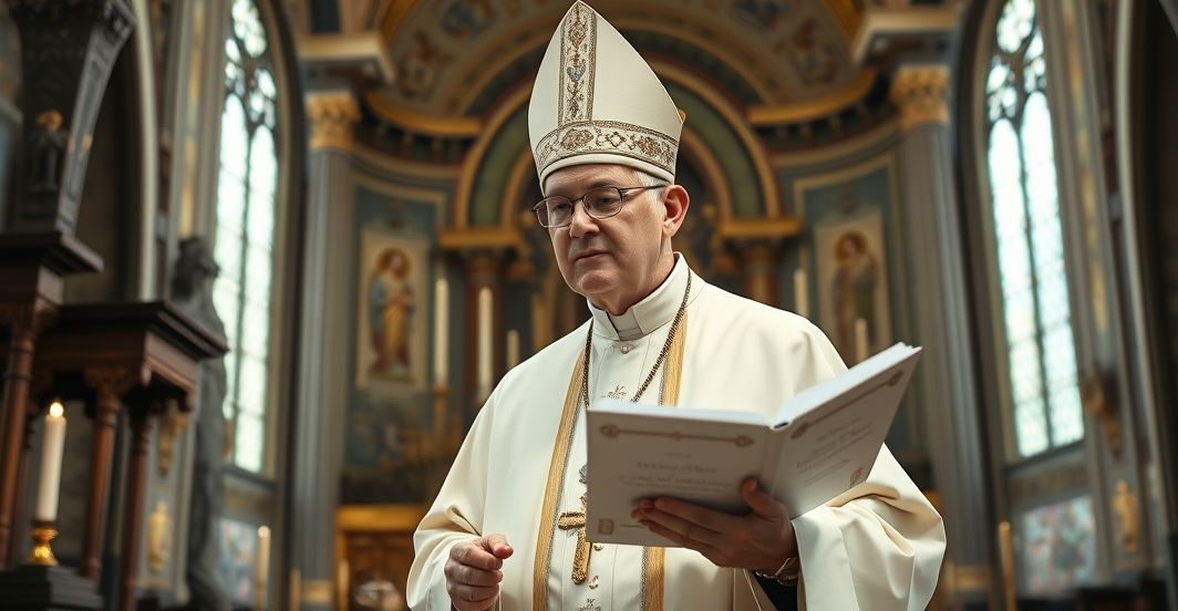 Fotorealistyczne zdjęcie tradycyjnego katolickiego biskupa w kostiumie liturgicznym, wygłaszającego kazanie w pięknej, starożytnej świątyni, ukazujące wierność katolickiej doktrynie i liturgii.