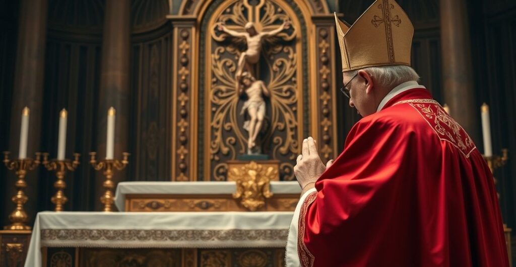Szalony katolicki biskup w liturgicznych szatach modli się przed ołtarzem, wyraz powagi i czci, podkreślając prawdziwe nauki Kościoła i autorytet papieski