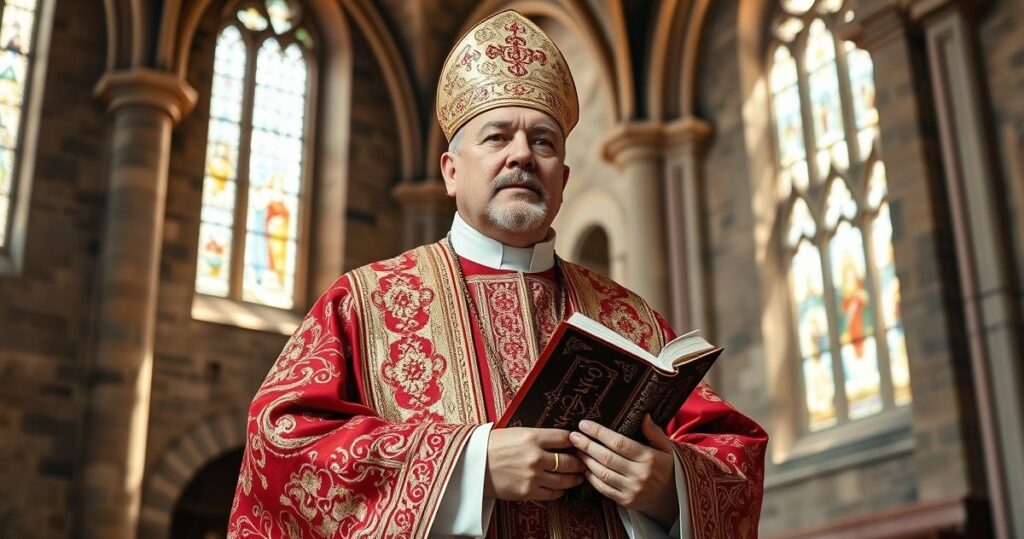 Realistyczne, pełne szacunku zdjęcie tradycyjnego katolickiego biskupa w ornatach, w historycznym wnętrzu kościoła, podkreślające wiarę i tradycję.
