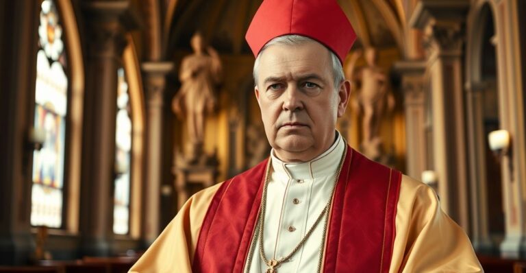 Realistyczny obraz tradycyjnego katolickiego biskupa w kościele, podkreślający autorytet i powagę, w kontrze do modernistycznych tendencji papieskich