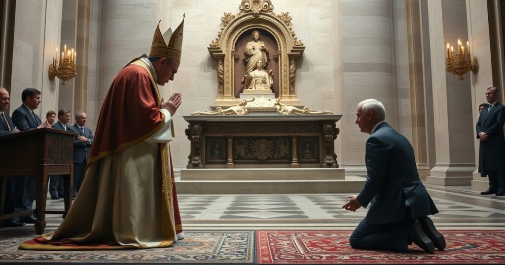Katolicki duchowny modli się przy grobie świętego w tradycyjnym kościelnym otoczeniu, symbolizując odrzucenie modernistycznych praktyk religijnych