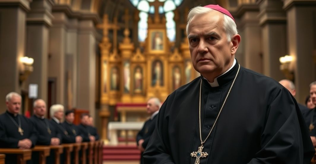 Szczegółowy, realistyczny obraz katolickiego duchownego w tradycyjnym kościele, symbolizujący wierność naukom Kościoła w obliczu modernistycznej herezji