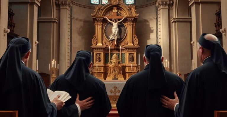 Tradycyjni katoliccy duchowni modlący się w starej, autentycznej świątyni, ukazując powagę i wierność tradycyjnym obrzędom Kościoła