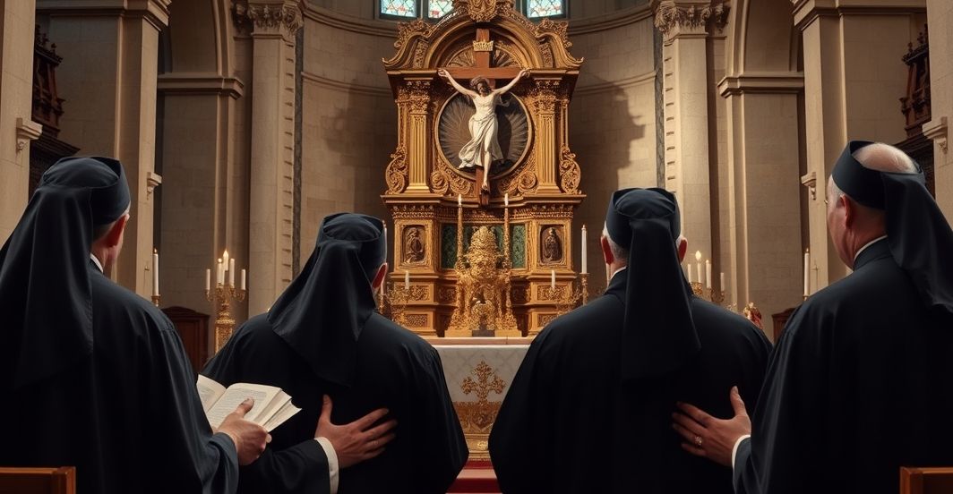 Tradycyjni katoliccy duchowni w modlitwie przed ołtarzem Tradycyjni katoliccy duchowni modlący się w starej, autentycznej świątyni, ukazując powagę i wierność tradycyjnym obrzędom Kościoła