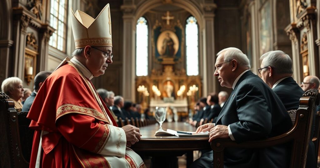 Kardynał w liturgicznych szatach podczas poważnej, tradycyjnej audiencji w katedrze, symbolizujący katolicką wierność i sprzeciw wobec modernistycznych zmian w Kościele