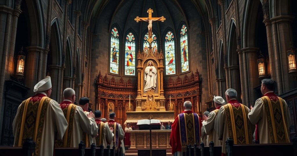 Obraz katolickiego duchownego w tradycyjnej liturgii, modlącego się w sanktuarium, ukazujący powagę i wierność naukom Kościoła.