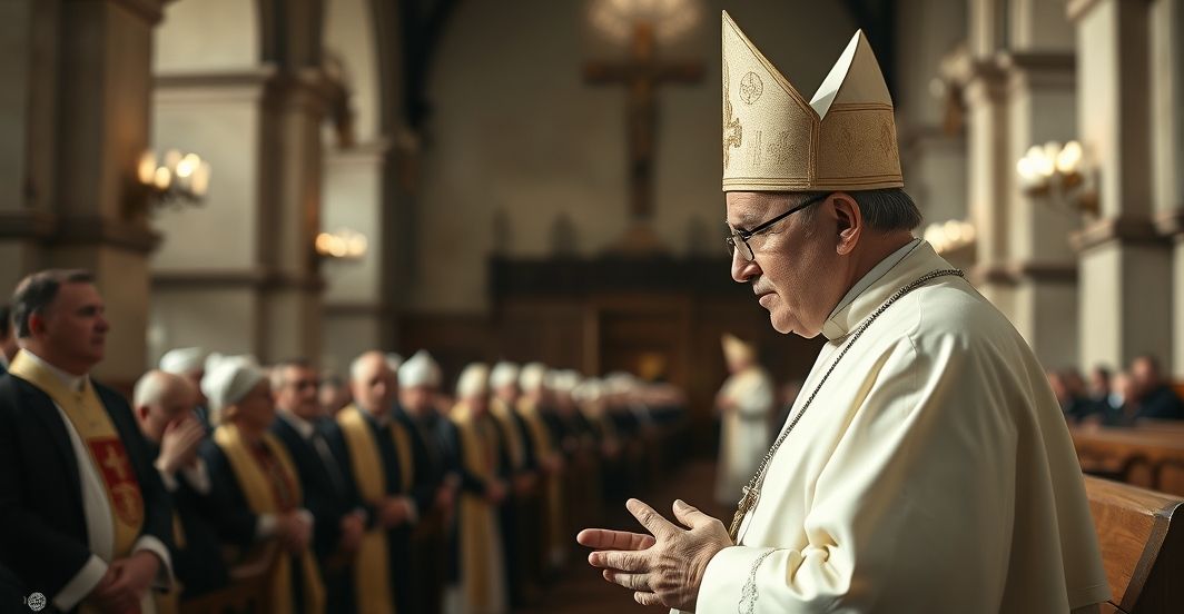 Katolicki duchowny w sutannie modli się w tradycyjnej świątyni, symbolizując odrzucenie nowoczesnych herezji i obronę prawdziwej wiary.
