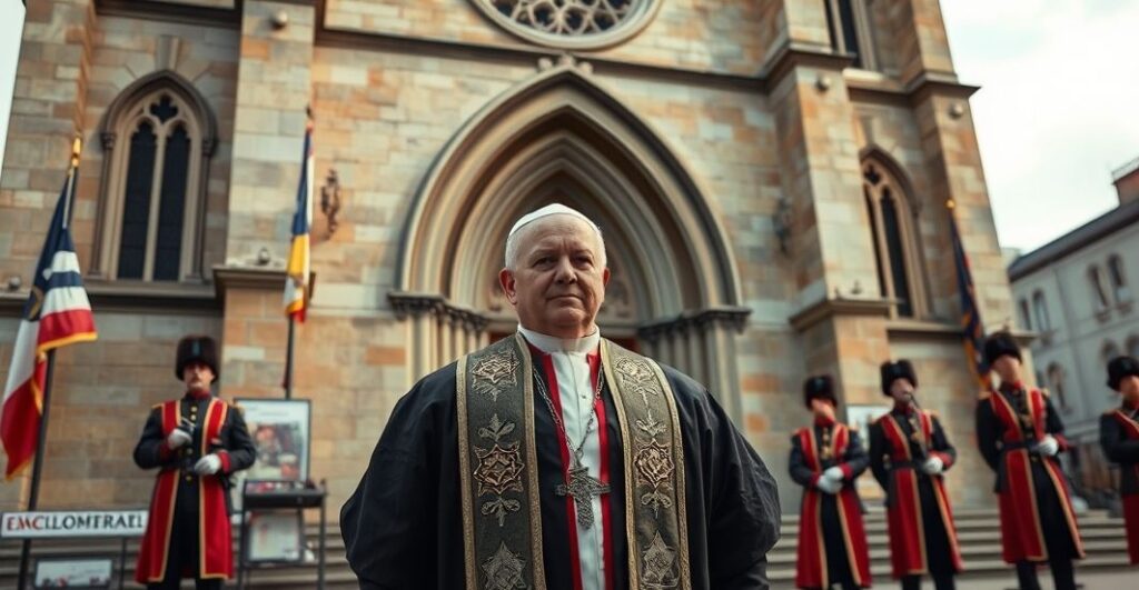 Rektor katolicki w tradycyjnym stroju, zeznający w historycznym otoczeniu, symbolizujący opór wobec modernistycznej rewolucji w Kościele