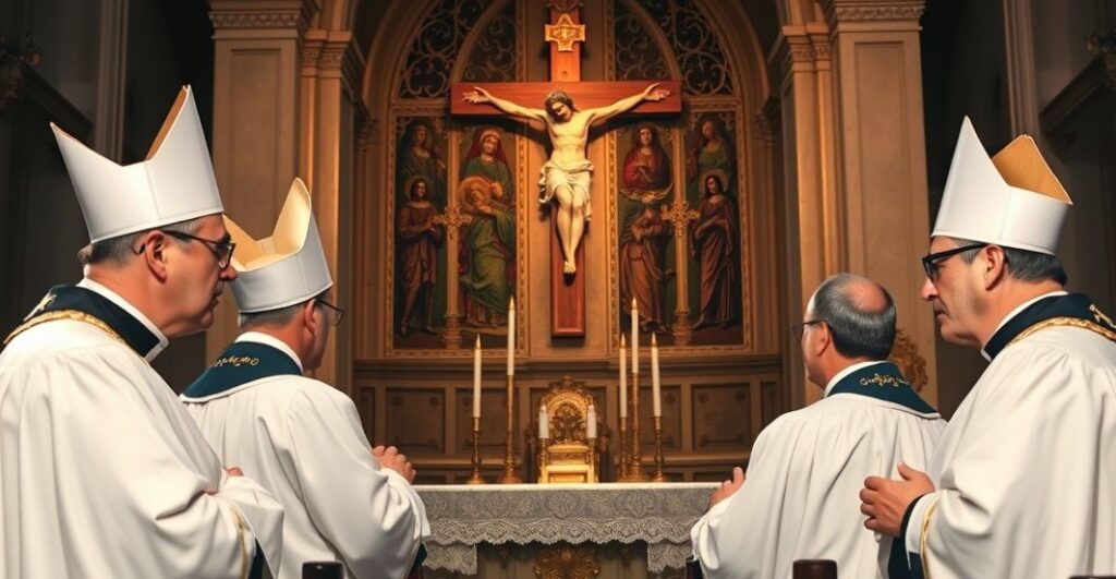 Szkic realistycznego, katolickiego duchownego w liturgicznej szacie przy ołtarzu, symbolizujący tradycyjną wiarę i krytykę modernizmu w Kościele.